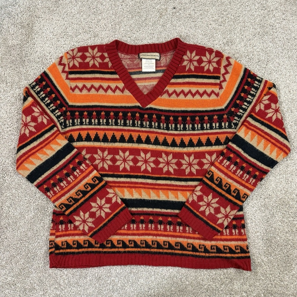 The Great American Sweater Red Fair Isle Women M V Neck Knit Casual USA Made VTG